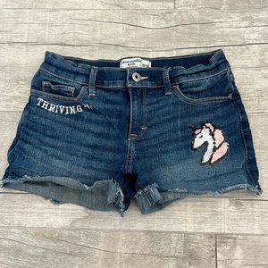 Abercrombie Kids Midi Jean Short “Thriving” Sequin Unicorn‎ Girls Size 13/14